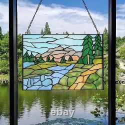 Stained Glass Window Hanging Handicraft Green Tree Rectangular Glass Window P