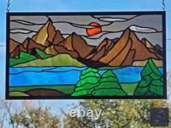 Stained Glass Window Hanging Mountain landscape 21.75 x12 ready to hang