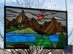 Stained Glass Window Hanging Mountain landscape 21.75 x12 ready to hang