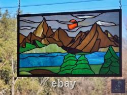Stained Glass Window Hanging Mountain landscape 21.75 x12 ready to hang