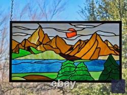 Stained Glass Window Hanging Mountain landscape 21.75 x12 ready to hang
