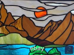 Stained Glass Window Hanging Mountain landscape 21.75 x12 ready to hang