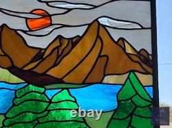 Stained Glass Window Hanging Mountain landscape 21.75 x12 ready to hang