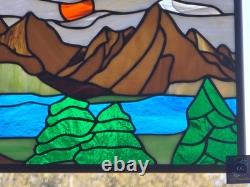 Stained Glass Window Hanging Mountain landscape 21.75 x12 ready to hang