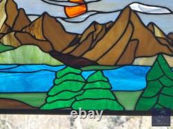 Stained Glass Window Hanging Mountain landscape 21.75 x12 ready to hang