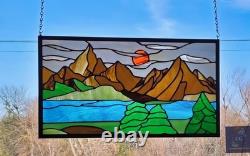 Stained Glass Window Hanging Mountain landscape 21.75 x12 ready to hang