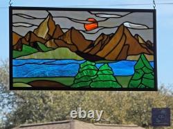 Stained Glass Window Hanging Mountain landscape 21.75 x12 ready to hang