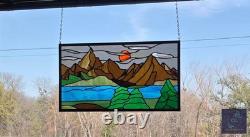 Stained Glass Window Hanging Mountain landscape 21.75 x12 ready to hang
