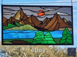 Stained Glass Window Hanging Mountain landscape 21.75 x12 ready to hang