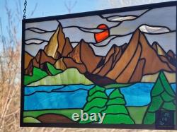 Stained Glass Window Hanging Mountain landscape 21.75 x12 ready to hang