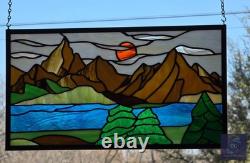 Stained Glass Window Hanging Mountain landscape 21.75 x12 ready to hang