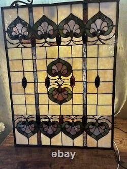 Stained Glass Window Hanging Panel Vintage With Hanging Chains 24 X 18