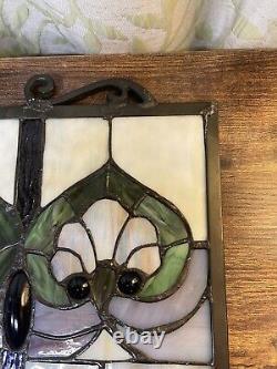 Stained Glass Window Hanging Panel Vintage With Hanging Chains 24 X 18