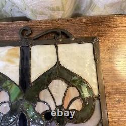 Stained Glass Window Hanging Panel Vintage With Hanging Chains 24 X 18