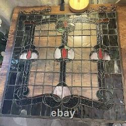 Stained Glass Window Hanging Panel Vintage With Hanging Chains 24 X 24