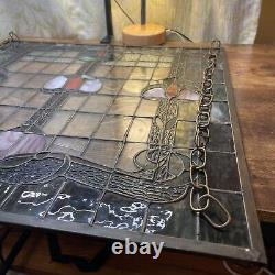 Stained Glass Window Hanging Panel Vintage With Hanging Chains 24 X 24