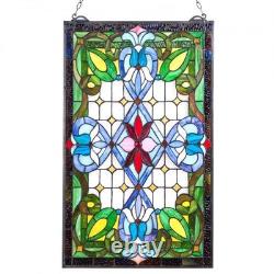 Stained Glass Window Panel, 17 x 29 in, Tiffany Style Hanging Transom Window Pan