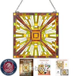 Stained Glass Window Panel, 20 X 21 In, Tiffany Style Hanging Transom Window