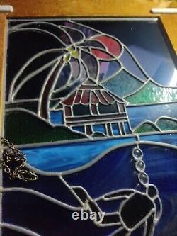 Stained Glass Window Panel 21 X 17 Diver Tropical Sun Paradise Framed Island