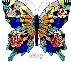 Stained Glass Window Panel 22 T x 24 W Colorful Tiffany Style Butterfly Design