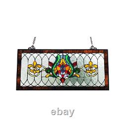 Stained Glass Window Panel 30 Inch Fleur De Lis Tiffany Style Handcrafted New