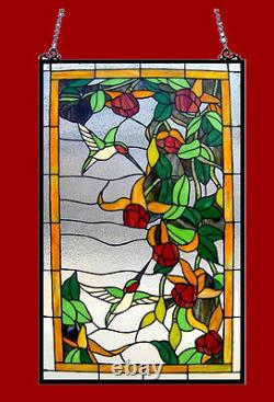 Stained Glass Window Panel 32 L x 20 W Floral Hummingbirds Suncatcher