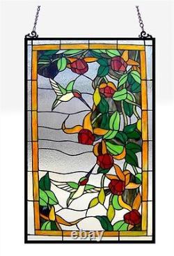 Stained Glass Window Panel 32 L x 20 W Floral Hummingbirds Suncatcher