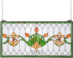 Stained Glass Window Panel, 32 X 17 In, Tiffany Style Hanging Transom Window Pan