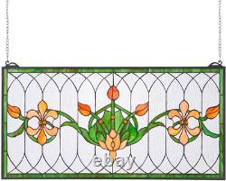 Stained Glass Window Panel, 32 X 17 In, Tiffany Style Hanging Transom Window Pan