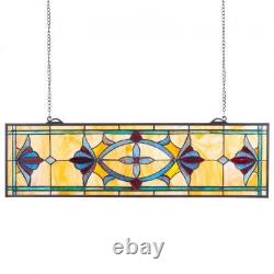 Stained Glass Window Panel, 32 x 10 in, Tiffany Style Hanging Transom Window Pa