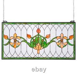 Stained Glass Window Panel, 32 x 17 in, Tiffany Style Hanging Transom Window Panel