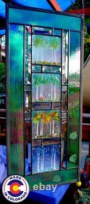 Stained Glass Window Panel 4 seasons aspen green turquoise orange gold vertical