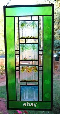 Stained Glass Window Panel 4 seasons aspen green turquoise orange gold vertical