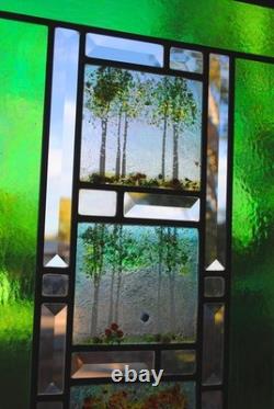 Stained Glass Window Panel 4 seasons aspen green turquoise orange gold vertical