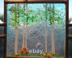 Stained Glass Window Panel 4 seasons aspen green turquoise orange gold vertical