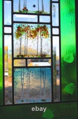 Stained Glass Window Panel 4 seasons aspen green turquoise orange gold vertical