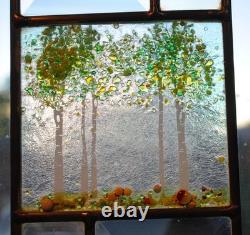 Stained Glass Window Panel 4 seasons aspen green turquoise orange gold vertical