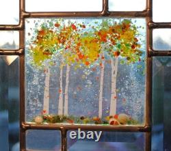 Stained Glass Window Panel 4 seasons aspen green turquoise orange gold vertical