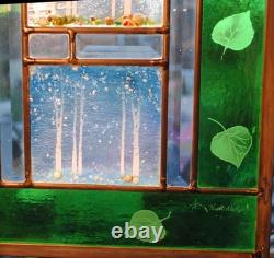 Stained Glass Window Panel 4 seasons aspen green turquoise orange gold vertical