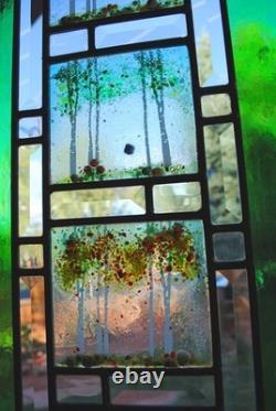 Stained Glass Window Panel 4 seasons aspen green turquoise orange gold vertical