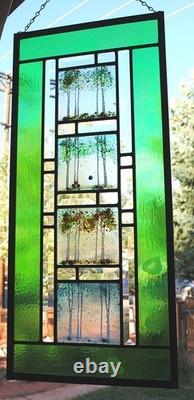 Stained Glass Window Panel 4 seasons aspen green turquoise orange gold vertical