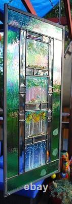 Stained Glass Window Panel 4 seasons aspen green turquoise orange gold vertical