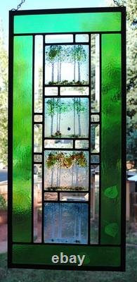 Stained Glass Window Panel 4 seasons aspen green turquoise orange gold vertical