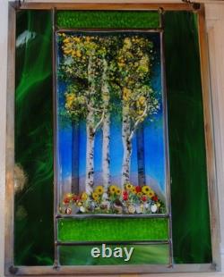 Stained Glass Window Panel Aspen Trees Flowers hand painted blue green gold