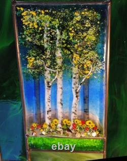 Stained Glass Window Panel Aspen Trees Flowers hand painted blue green gold