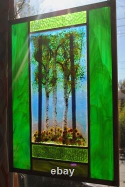 Stained Glass Window Panel Aspen Trees Flowers hand painted blue green gold