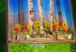 Stained Glass Window Panel Aspen Trees Flowers hand painted blue green gold