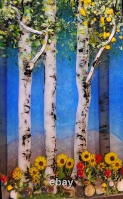 Stained Glass Window Panel Aspen Trees Flowers hand painted blue green gold