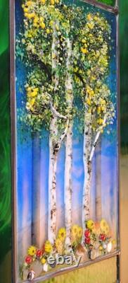 Stained Glass Window Panel Aspen Trees Flowers hand painted blue green gold