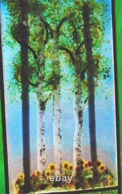 Stained Glass Window Panel Aspen Trees Flowers hand painted blue green gold